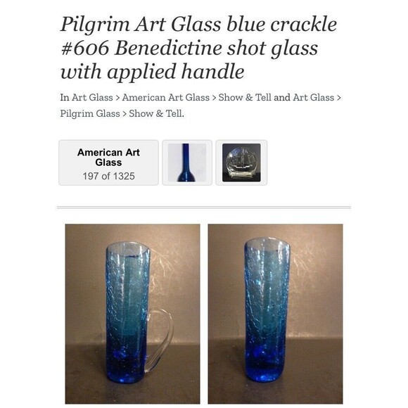 #606 pilgrim Art Glass Benedictine Applied Handle Tall Crackle Blue Shot Glass - Picture 10 of 10